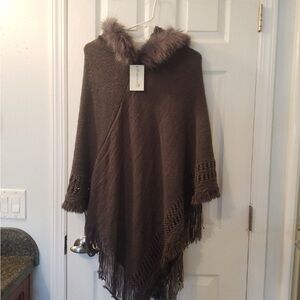 Brown Poncho Sweater with Faux Fur Trim